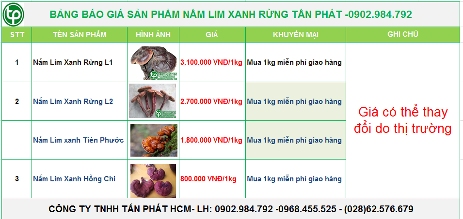 Bảng giá nấm lim xanh rừng của CTY Tấn Phát cung cấp tại Pleiku